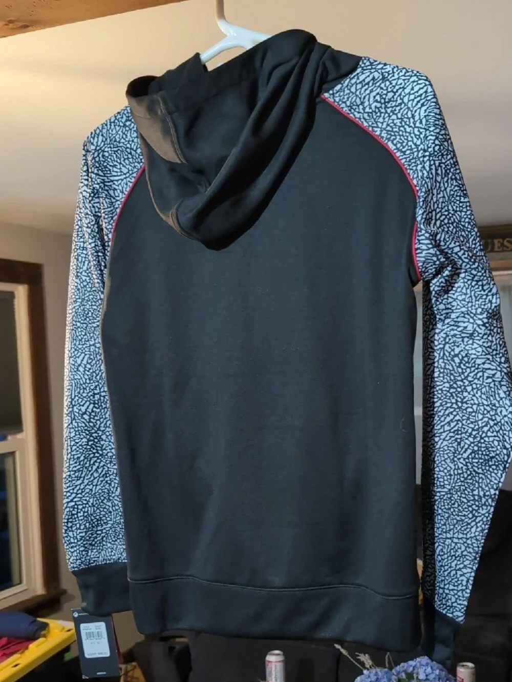 Jordan Black Hoodie with Pink/Red Jumpman and Gray Patterned Sleeves